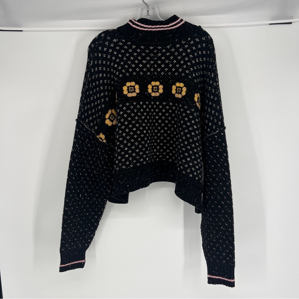 Free People Flower Patch Black Floral Knit Wool Blend Mock Neck Pullover Sweater - Picture 9 of 9